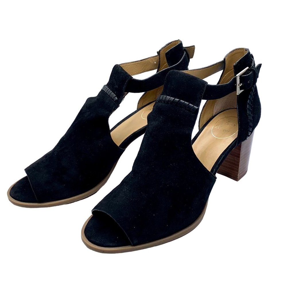 Jack Rogers Cameron Suede T-Strap Bootie Block Heel Open Toe Cut Out Black 10